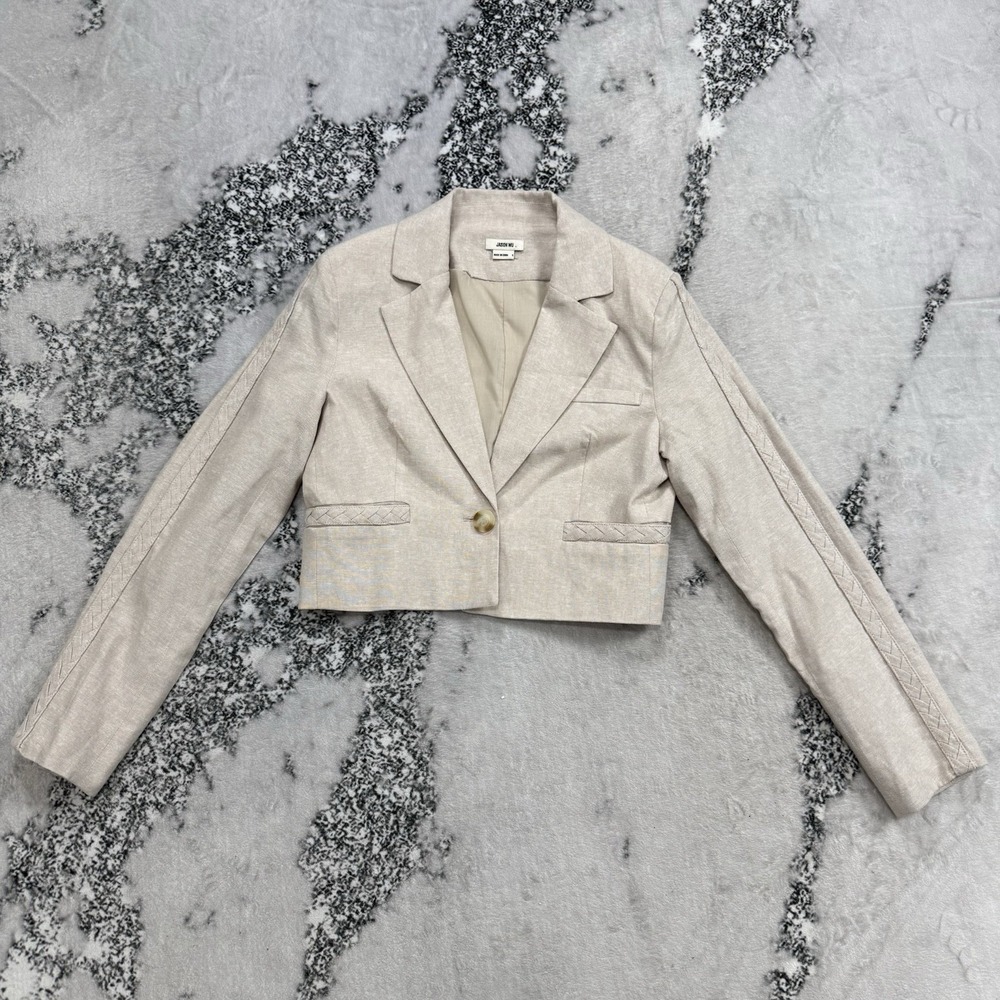 Jason Wu Cropped Linen‎ Blend Blazer Womens S Beige Tailored Jacket Minimalist